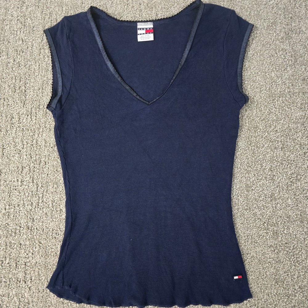 Vintage Tommy Jeans Navy Ribbed Cap Sleeve V Neck Top Womens Large Y2K 90s